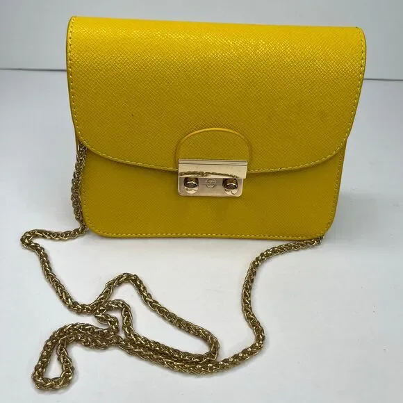 Shoulder Mini Tote Bag Purse Gold Chain Mustard Yellow Women’s #577 - Picture 7 of 12